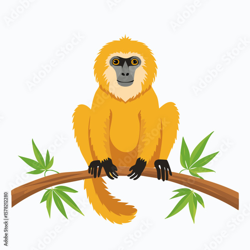 Golden Monkey Perched on Branch with Lush Green Leaves, Smiling.