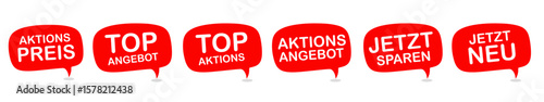 Six promotional labels in German language : Promotional price, top offer, top action, new now, offer offer and save now