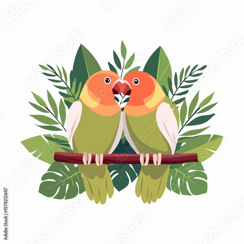Lovebirds Perched on Branch Amidst Tropical Foliage