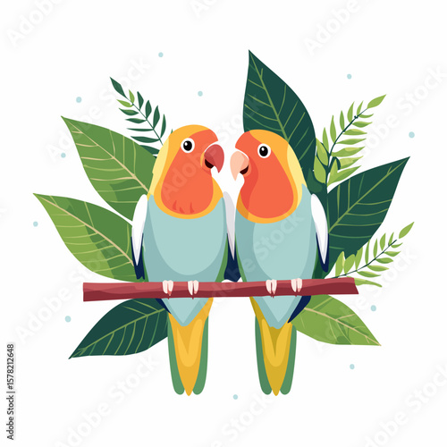 Two Colorful Lovebirds Perched Together on a Branch with Foliage