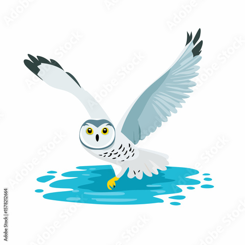 Snowy Owl Swooping Low Over Blue Water