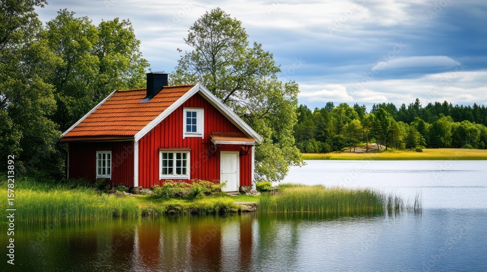 Obraz premium Red cottage by a lake (1)