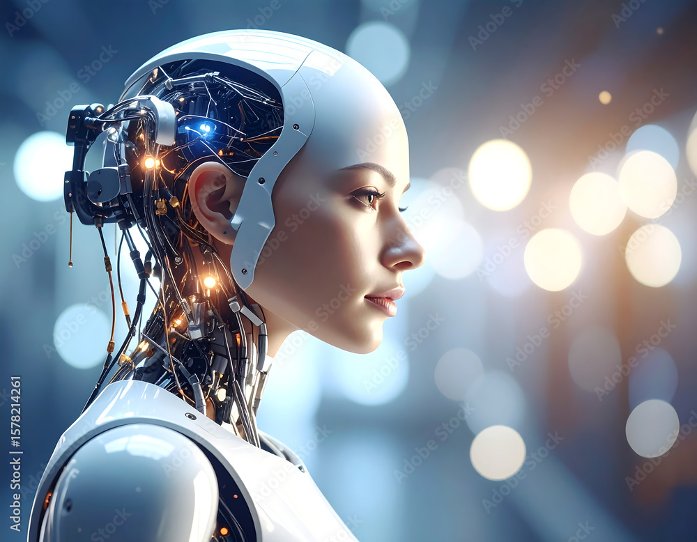 Fototapeta premium Futuristic AI Android in cinematic lighting, photoreal, realism, porcelan skin created with generative ai technology