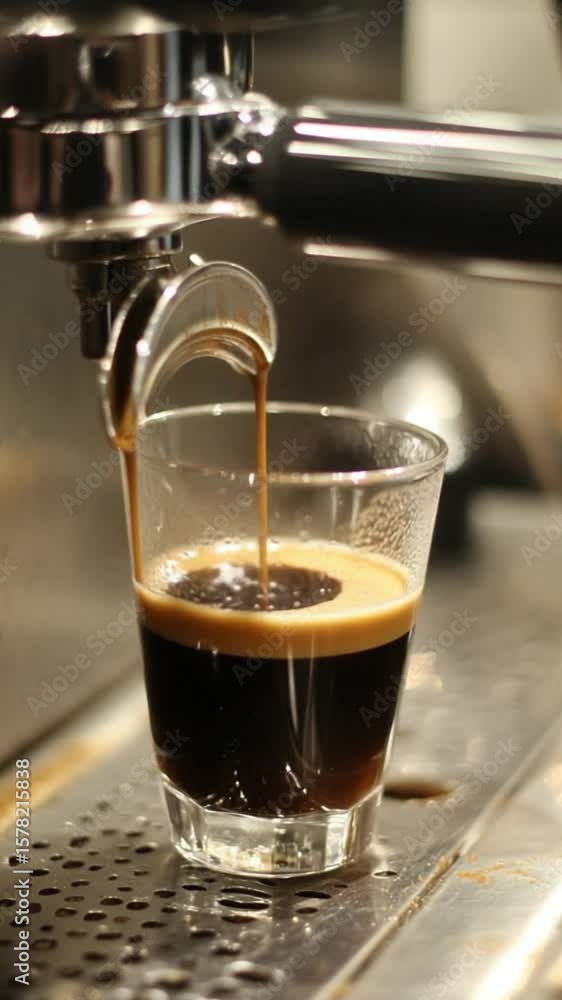 Close-up of espresso extraction in a glass shot, showcasing rich crema and coffee machine details Close-up of espresso extraction in a glass shot, showcasing rich crema and coffee machine details