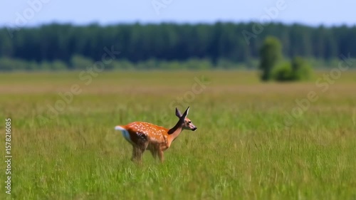Young deer running across a field
