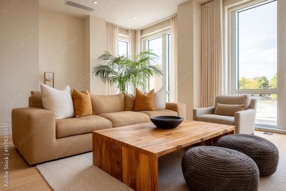 Fototapeta premium Modern living room with beige sofa and wooden coffee table by large windows.