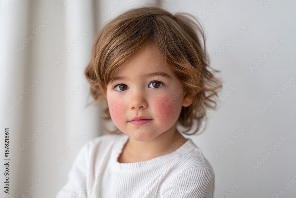 Caucasian child with curly hair and blush cheeks in white top. Caucasian child with curly hair and blush cheeks in white top.