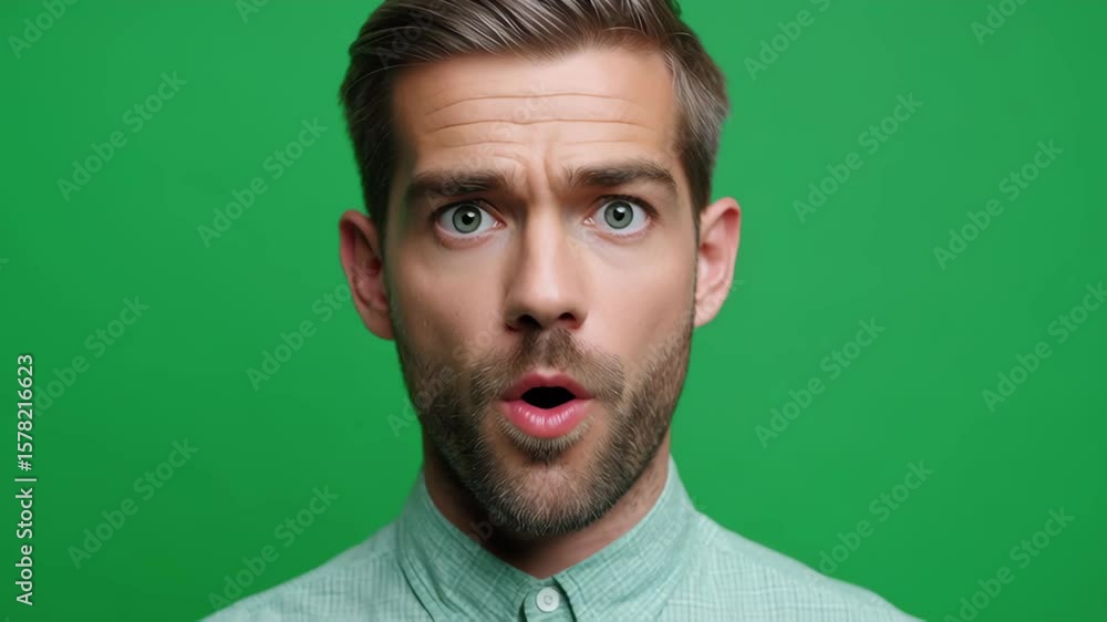 Young man with beard and casual shirt showing surprised face and shocked expression front of seamless green screen background Young man with beard and casual shirt showing surprised face and shocked expression front of seamless green screen background