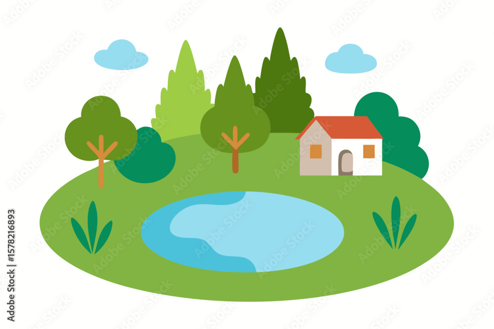 Obraz premium Village Pond Surrounded By Natural Vegetation