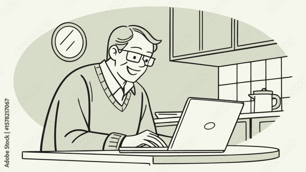 Illustration of senior man using laptop at home for online work or communication enjoying technology 100 Illustration of senior man using laptop at home for online work or communication enjoying technology 100