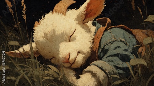 A Dreamy Nap: Whimsical Anthro Goatling dozing peacefully in a verdant meadow