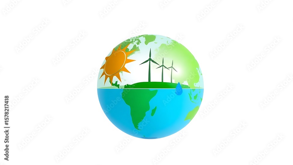 Illustration of earth with sun windmills and water drop on white background for environment concept Illustration of earth with sun windmills and water drop on white background for environment concept