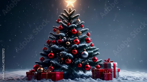 Festive Christmas Tree with Gifts, Snowfall, and Star Illumination.