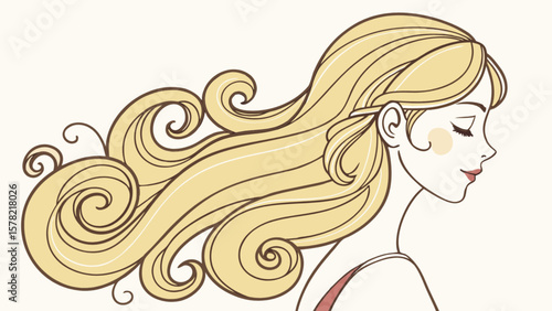 Beautiful blonde woman with long flowing hair illustration for beauty salon and hairstyle design ideas