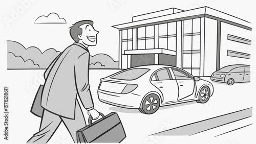 Businessman arriving at office building in car, business travel and corporate lifestyle illustration