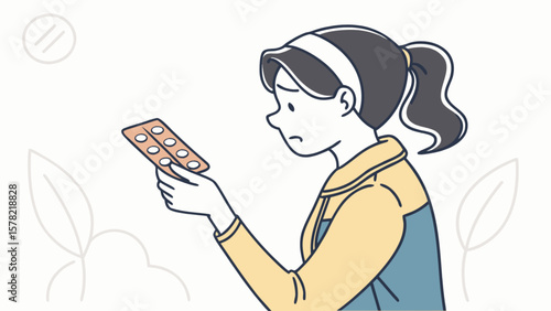 Worried woman looking at birth control pills contraception medication healthcare female health and wellness