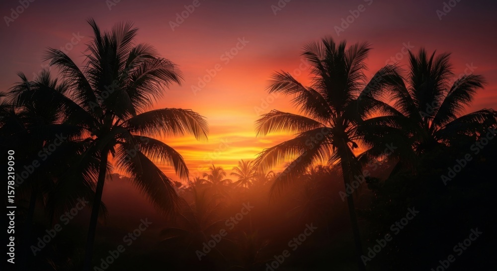 Obraz premium Tropical Paradise Palm Trees Silhouette During Fiery Sunset Sky with Lush Vegetation Background