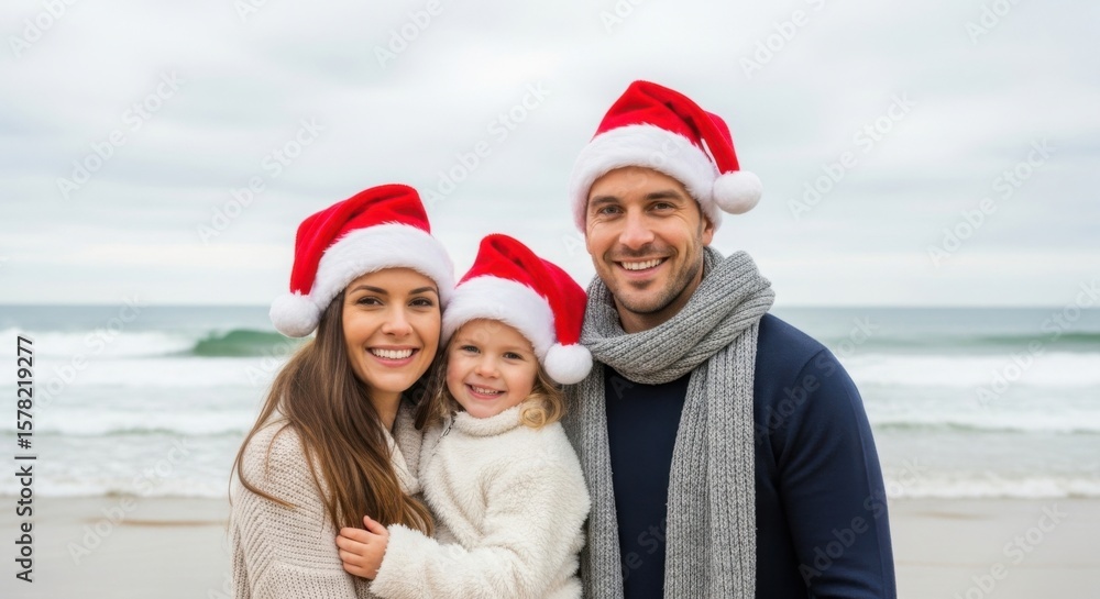 Family Holiday Celebration Wearing Santa Hats on a Beach Enjoying Winter Vacation Family Holiday Celebration Wearing Santa Hats on a Beach Enjoying Winter Vacation