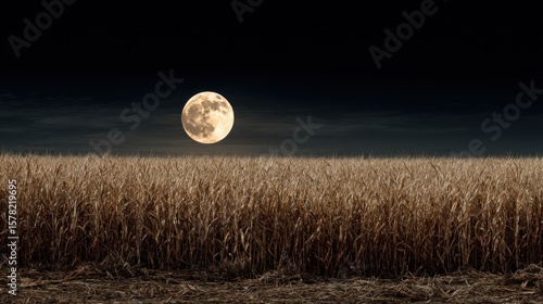 Golden grain field under a bright full moon illuminating the tranquil landscape