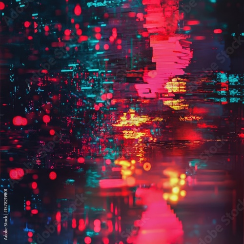 Trendy digital art combining neon glitch effects and abstract holiday imagery set in an isolated layout on a dark modern background