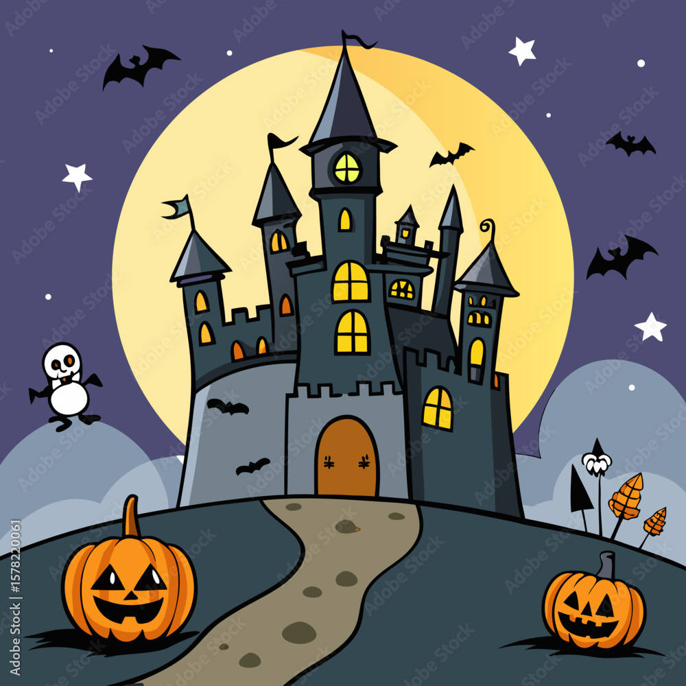 Fototapeta premium Cartoon Haunted Castle with Pumpkins and Full Moon – Halloween Night Vector Illustration