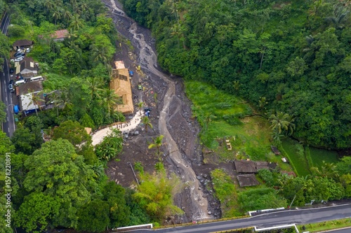 Принти на полотні An aerial view shows the aftermath of a lahar flow in Tembuku, Bali, Indonesia