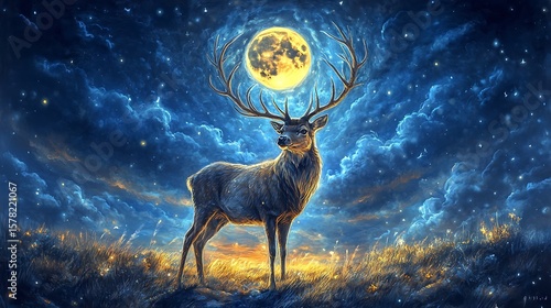 Deer standing under moonlit sky