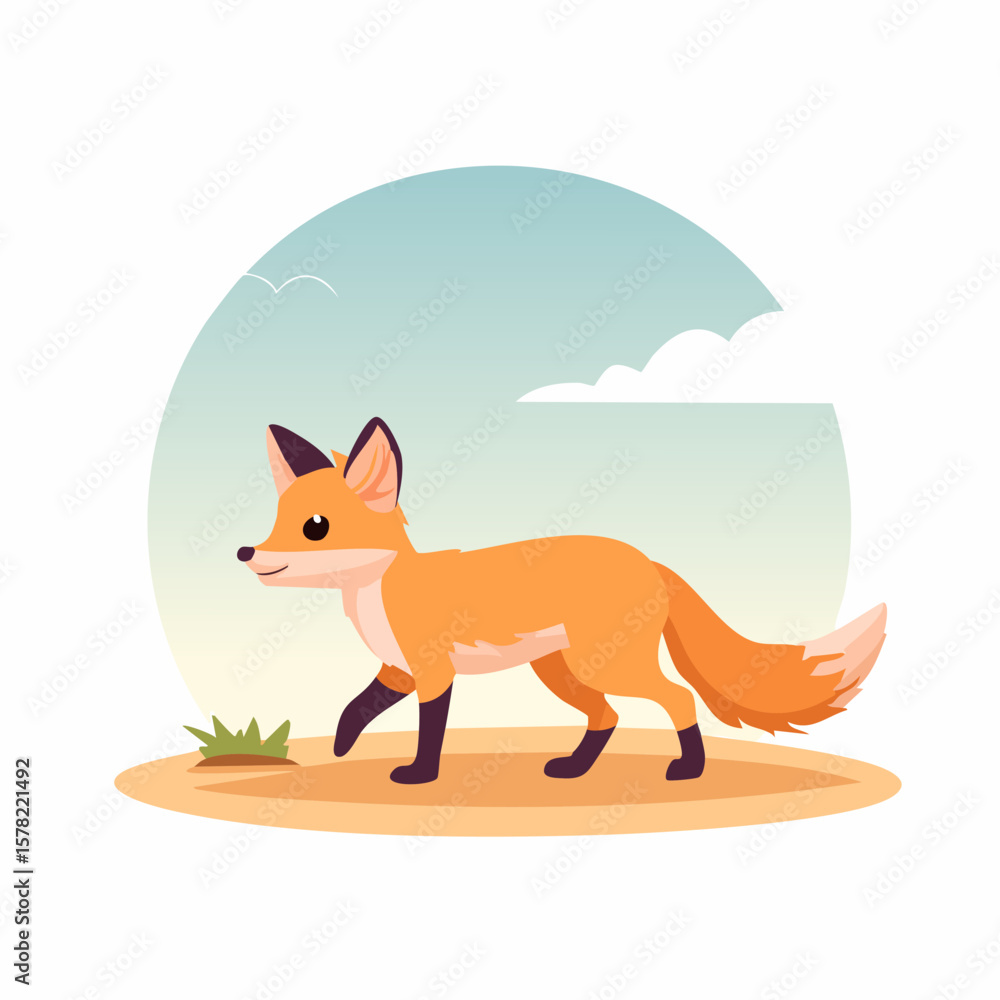 Obraz premium Cartoon Fox Walking Across a Sandy Patch Under a Cloudy Sky