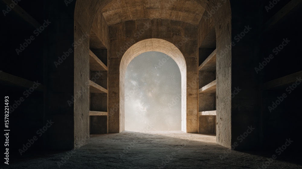Naklejka premium Arched Gateway to the Cosmos: Conceptual Portal in Ancient Structure