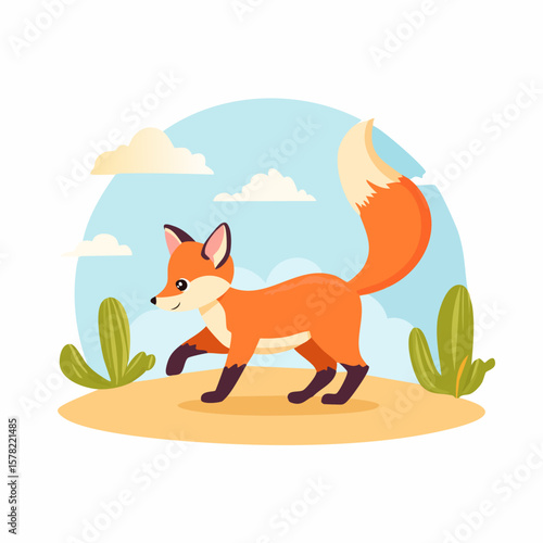 Playful Cartoon Fox Walking Across Sandy Desert Landscape with Cactus.