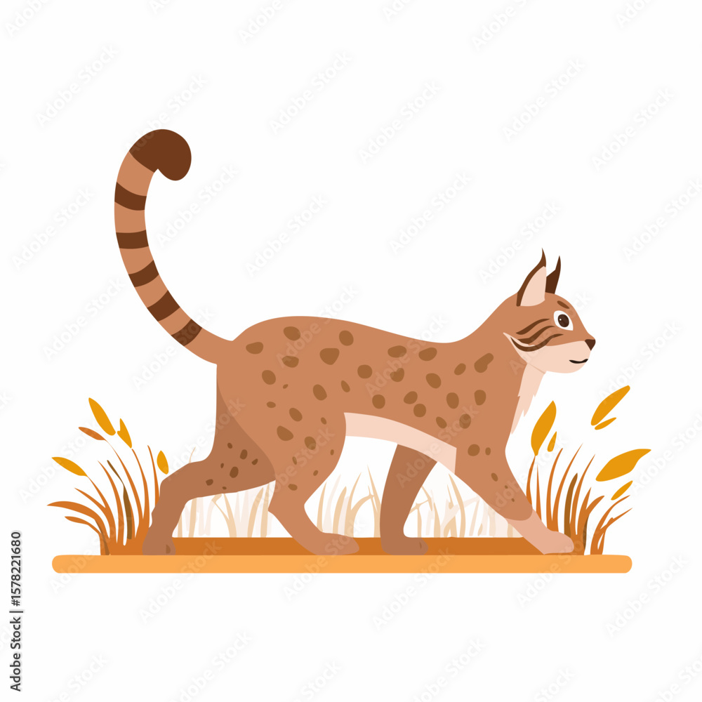 Fototapeta premium Stylized Lynx Walking Through Grass with Distinctive Spot Pattern