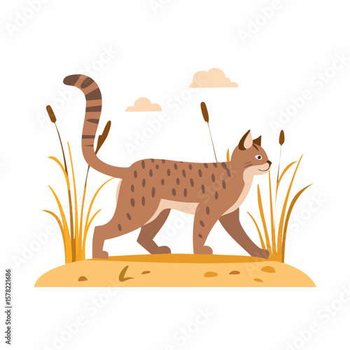 Stylized Cat Walking Through Reeds with Spotted Fur and Clouds