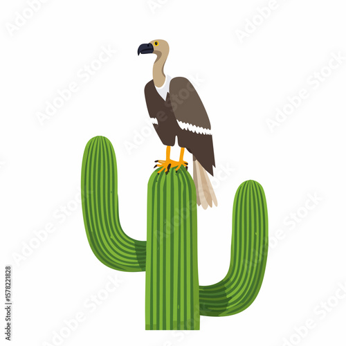 Cartoon Vulture Perched atop a Green Cactus in Desert Landscape.