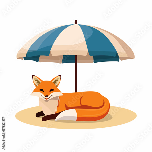 Relaxed Fox Enjoying Shade Under a Striped Beach Umbrella.