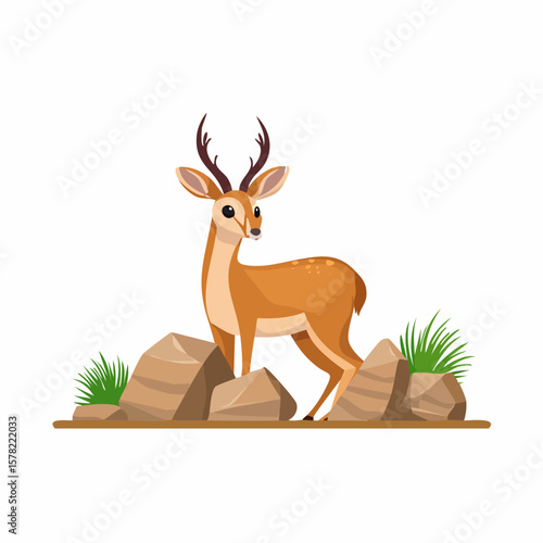 Cartoon Deer Standing Proudly on Rocks with Antlers and Spots