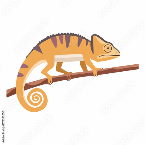 Cartoon Chameleon Perched on a Branch with Unique Striped Markings