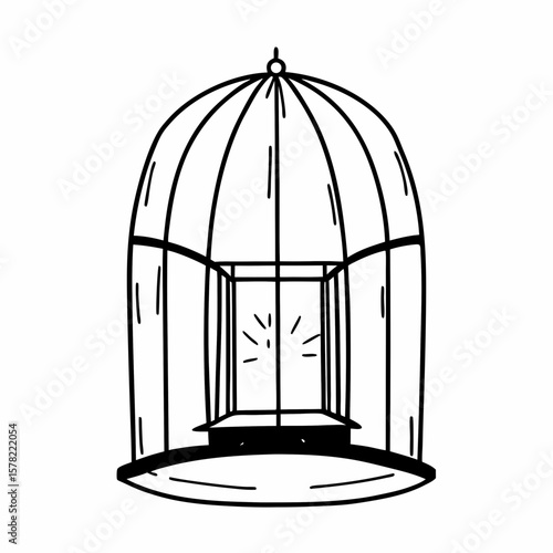 A simple black and white illustration of an empty birdcage with a light source.