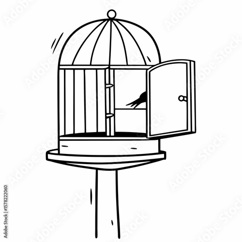 An open birdcage illustration with a simple design, featuring an open door and a branch.