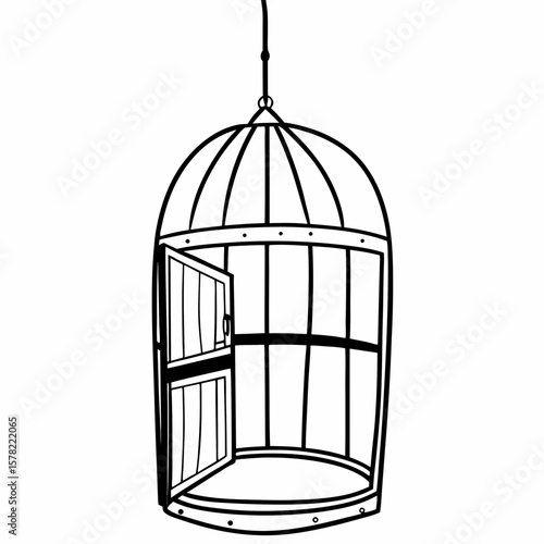 An open birdcage illustration with a simple design, featuring an open door and a branch.