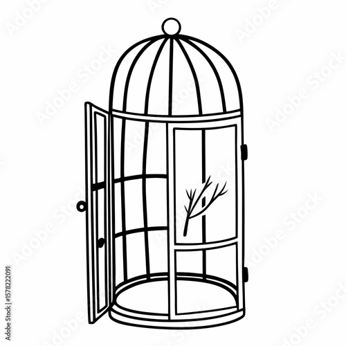 An open birdcage illustration with a simple design, featuring an open door and a branch.