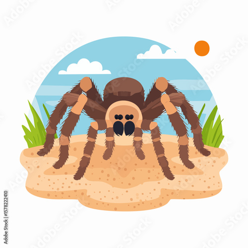 Cartoon Tarantula on Sandy Ground with Blue Sky and Sun Illustration