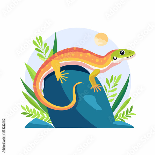 Colorful Lizard Perched on a Blue Rock with Greenery and Sun.