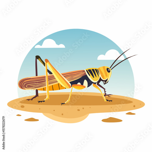 Stylized Grasshopper on Sand with Blue Sky and White Clouds Illustration