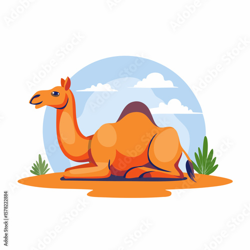 Cartoon Camel Resting on Sand with Sky and Simple Vegetation.