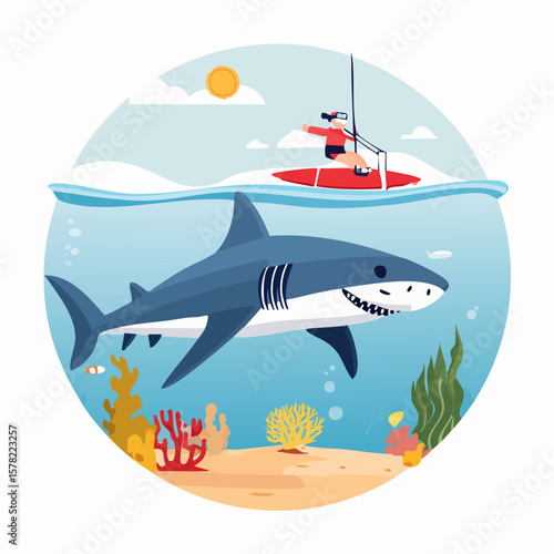Cartoon Shark and Kite Surfer in a Vivid Underwater Scene