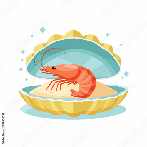 Vibrant Cartoon Shrimp Resting Inside a Decorative Clamshell with Sparkles