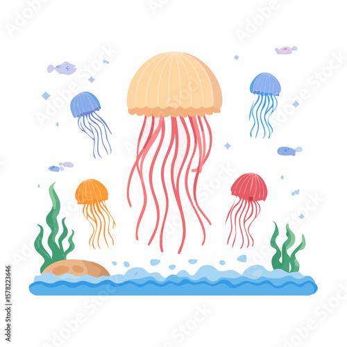 Colorful Cartoon Jellyfish Swimming in a Stylized Ocean Environment