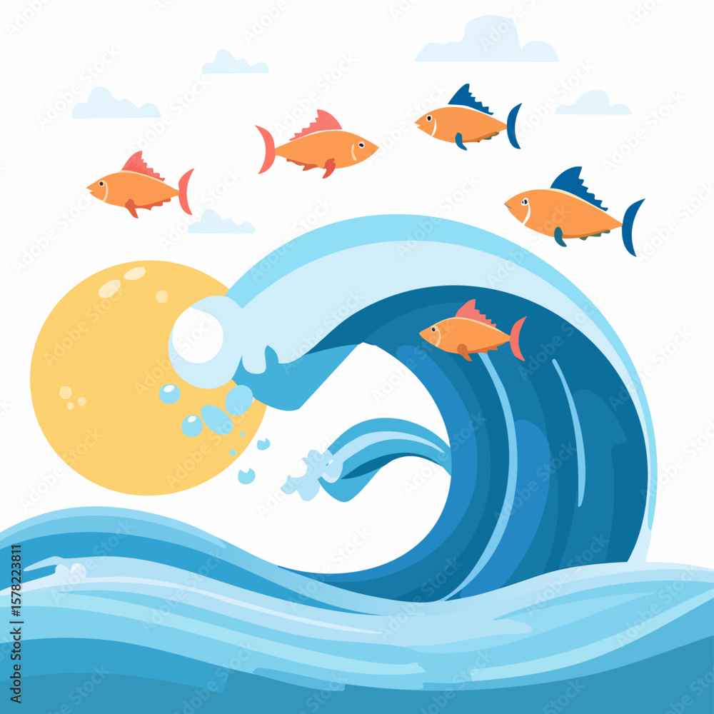 Naklejka premium Cartoon Fish Swimming Above a Large Ocean Wave with Sun and Clouds