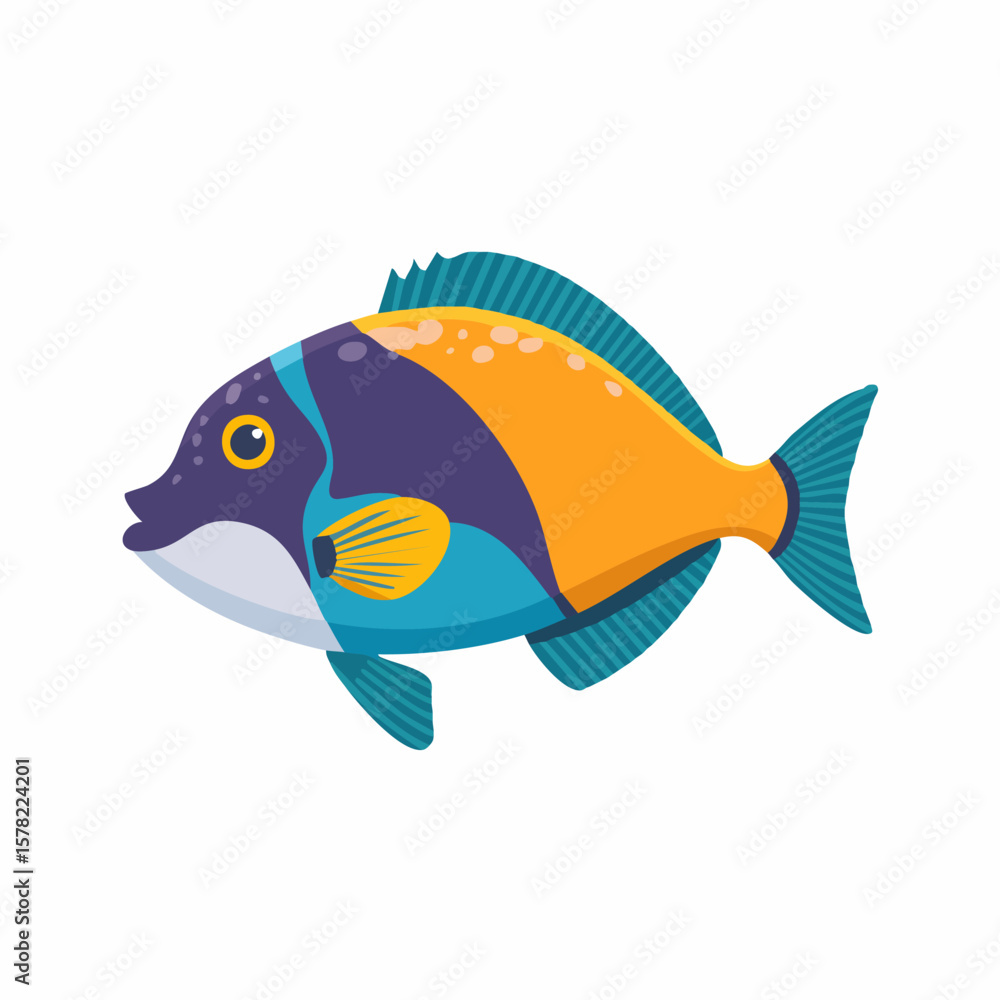 Naklejka premium Vibrant Cartoon Fish with Distinctive Coloration and Fin Details.