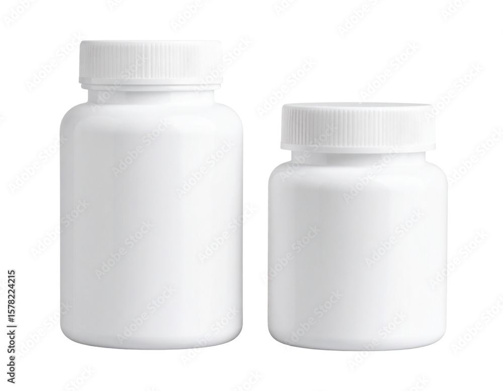 White Plastic Medicine Bottle and Jar Mockup Set, Front View, Transparent Background PNG White Plastic Medicine Bottle and Jar Mockup Set, Front View, Transparent Background PNG